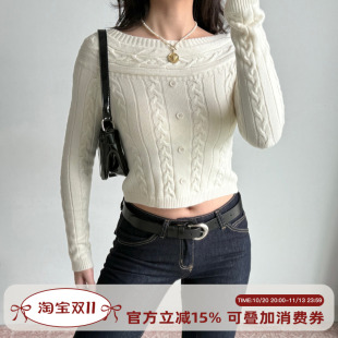 Go Girl Go 法式性感一字肩麻花针织衫女修身显瘦短款毛衣