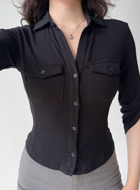 Go Girl Go 自制欧美纯欲风翻领七分袖衬衫女修身收腰短款黑色T恤