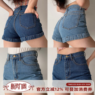 复古经典 款 百搭翻边高腰牛仔短裤 显瘦热裤 美式 女夏季 Girl