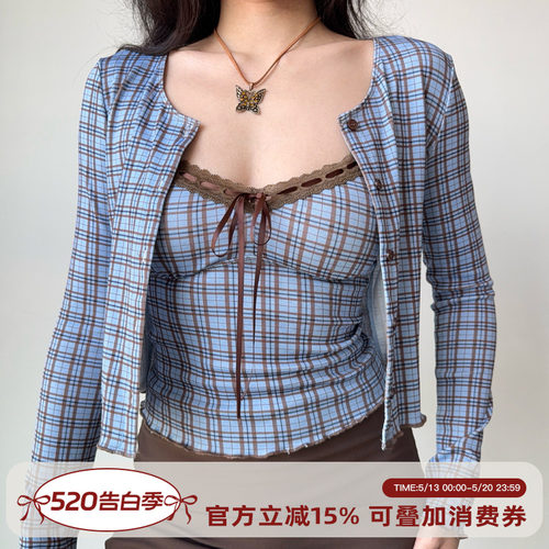 GoGirlGo格纹吊带开衫两件套