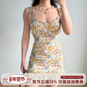 包臀短裙 荷叶边修身 Girl 性感欧美风系带印花吊带裙女夏季