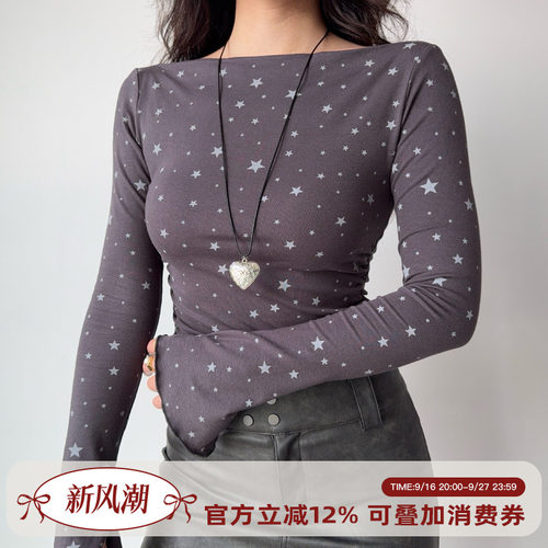 Go Girl Go 自制欧美风修身显瘦五角星印花长袖T恤女船领辣妹上衣