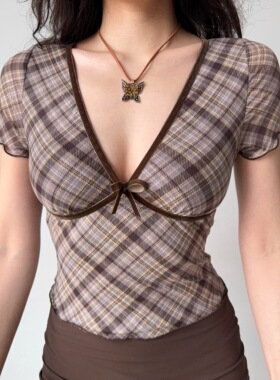 Go Girl Go 自制复古欧美风深V领格纹短袖T恤女修身显瘦短款上衣