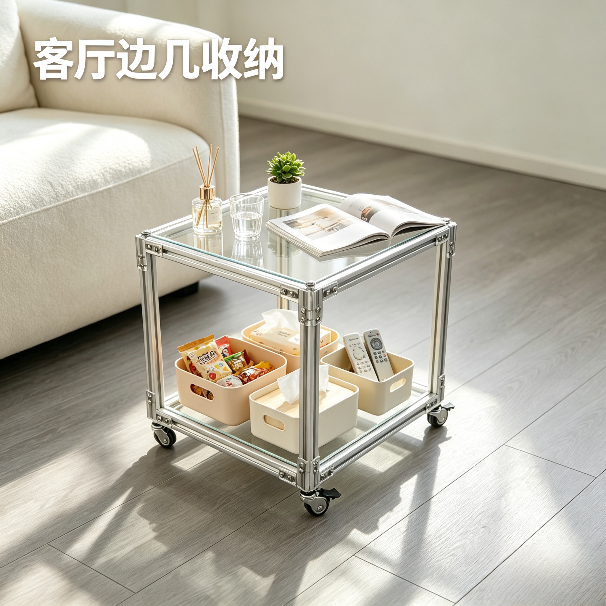 现代铝型材亚克力收纳柜储物柜落客厅地可移动边几家用防尘展示柜