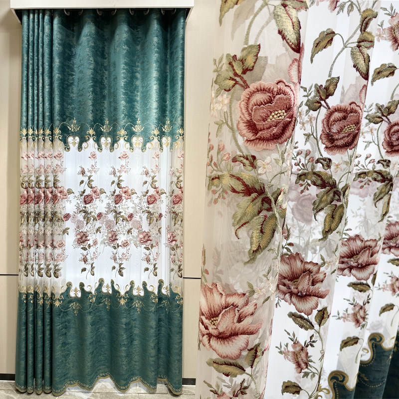 新款美式中式大镂空别墅客厅阳台牡丹绣花窗帘窗纱成品定制落地帘