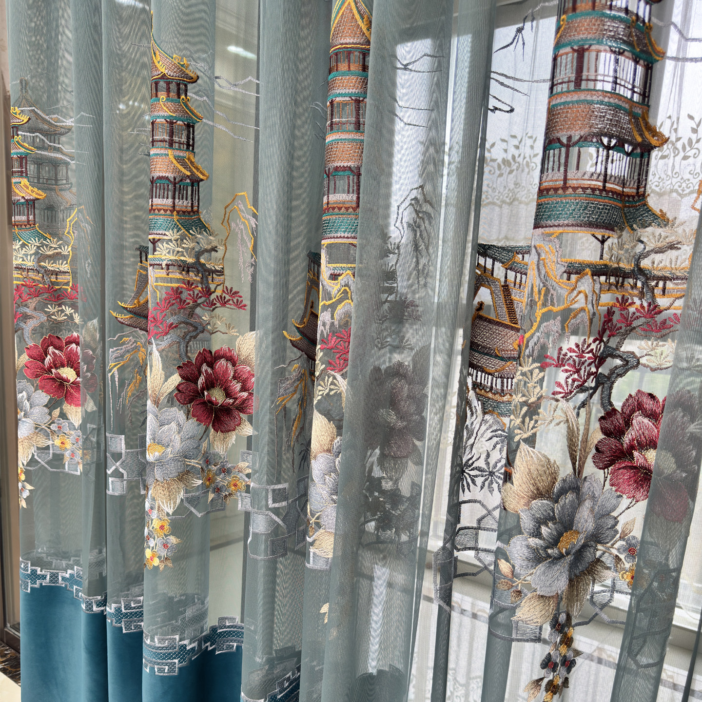 新中式复古亭台楼阁高档豪华别墅客厅阳台绣花窗帘窗纱帘成品定制