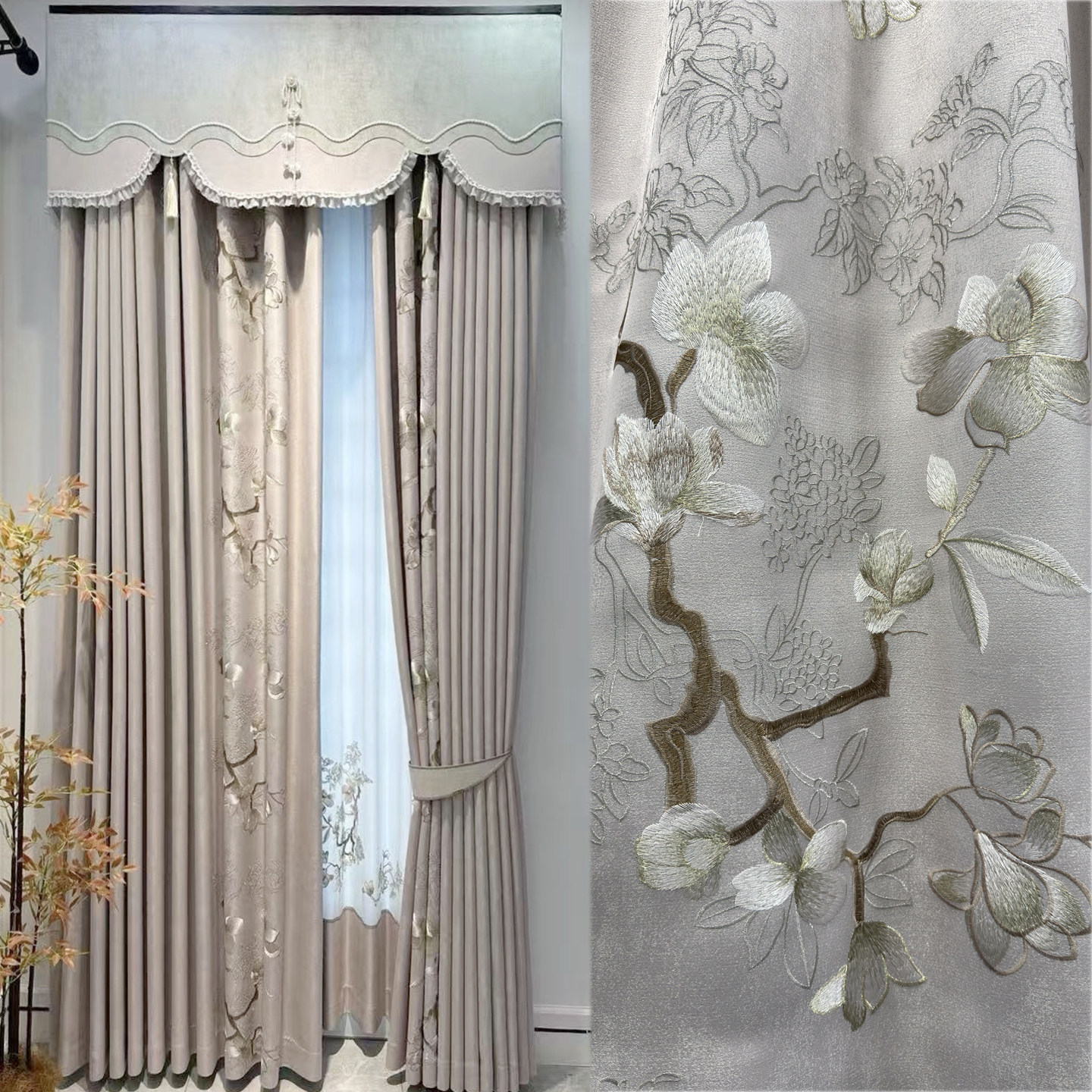 新款中式别墅客厅卧室全遮光高精密绣花窗帘高档阳台窗纱成品定制