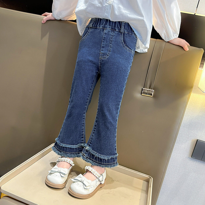童装代发女童毛边牛仔裤秋季童裤外贸中小童时髦修身弹力牛仔长裤