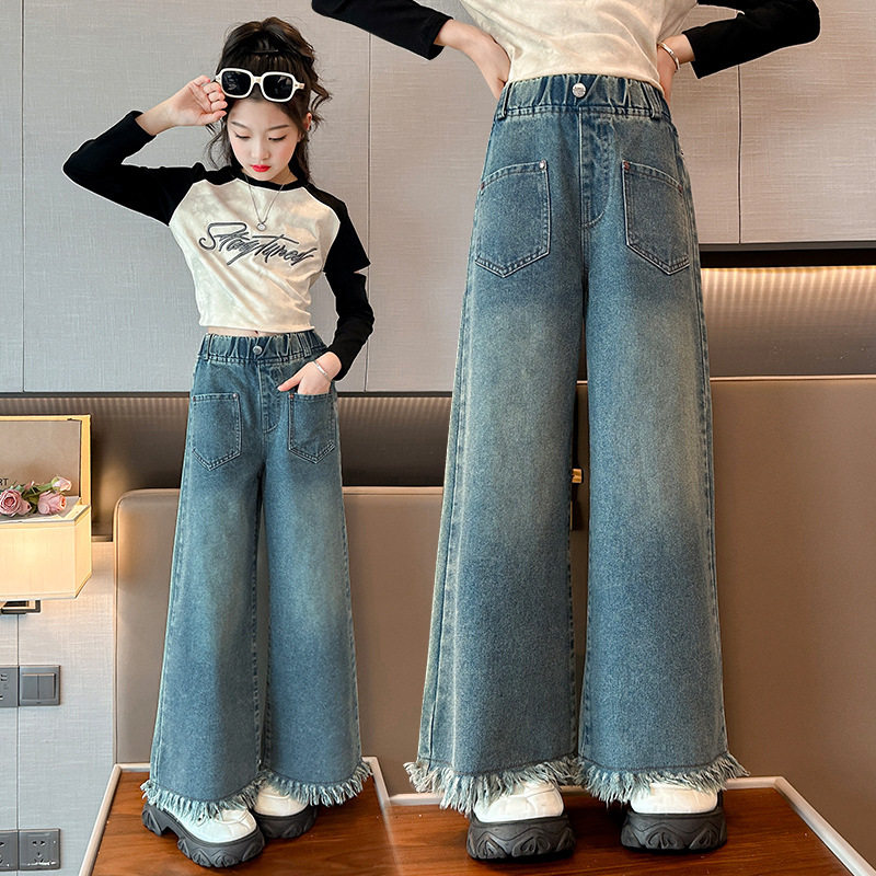 外贸女童流苏牛仔阔腿裤秋季新款中大童日系宽松牛仔裤潮春秋长裤