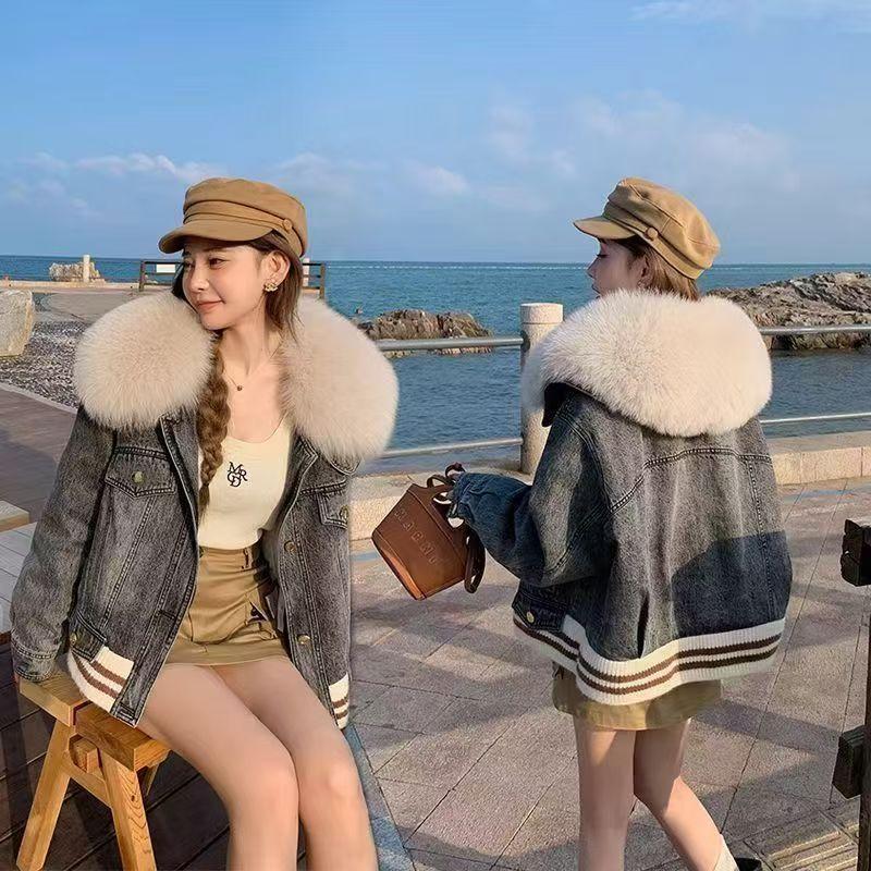 2024冬加绒加厚牛仔可拆卸派克服女大毛领皮草毛毛外套年轻百搭潮