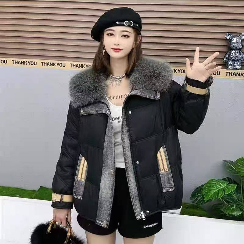2024冬季新款韩版时尚百搭加绒保暖棉衣女大毛领牛仔拼接羽绒服潮