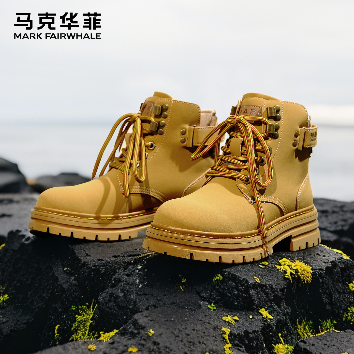 马克华菲马丁靴女款2025新款户外登山鞋短靴厚底大黄靴工装靴女靴