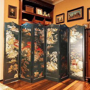 中式古典描金漆画手绘山水人物游园背景画复古法式中国风屏风隔断