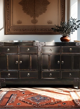 js14127新中式实木餐边柜复古做旧储物柜客厅玄关柜收纳柜电视柜