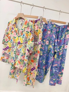 o家复古碎花满印夏棉绸短袖 长裤 睡衣女宽松小众慵懒风家居服套装