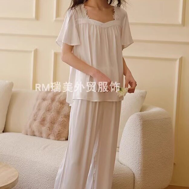 夏季新凉感舒适法式白色女士睡衣睡裙棉绸纯色方领短袖家居服套装