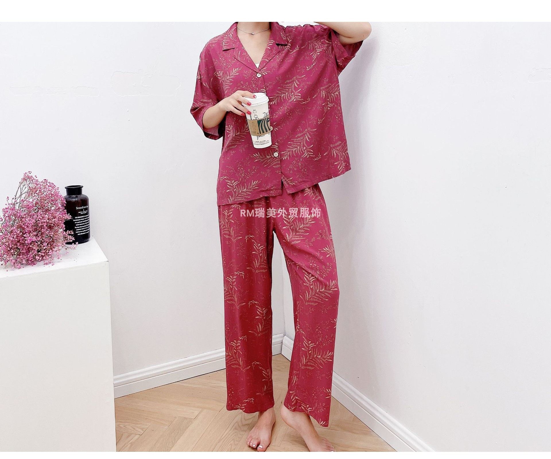 外单夏季女短袖九分裤家居服套装妈妈中年人休闲舒适棉绸对襟睡衣