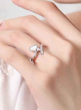 S925银原创小众设计高级感戒指女三生有幸银杏叶开口戒镶母贝珠宝