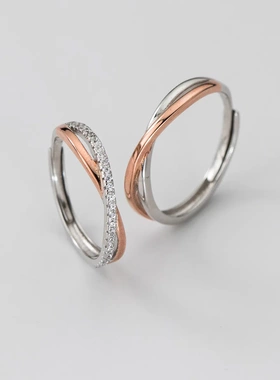 S925纯银小众设计双色交叉排钻对戒小清新莫比乌斯情侣戒指R01612