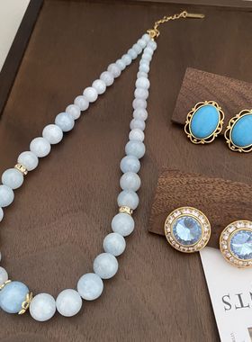 天然蓝色耳环项链微镶锆石