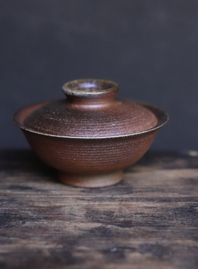 柴烧盖碗 云南龙窑柴烧手工泡茶神器窑变自然落灰釉 素烧三才两才