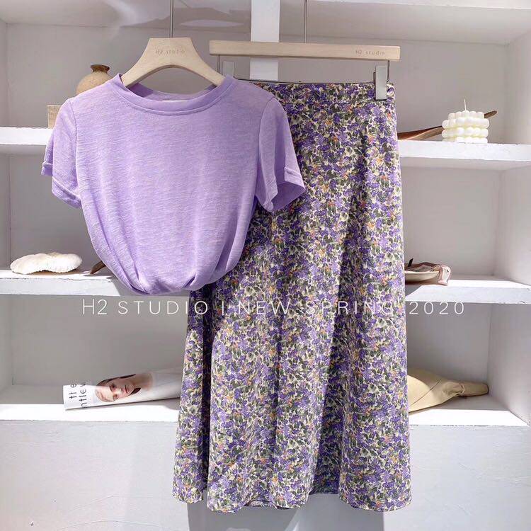 2026夏季新款ins复古碎花雪纺半身裙短袖t恤时尚两件套洋气套装
