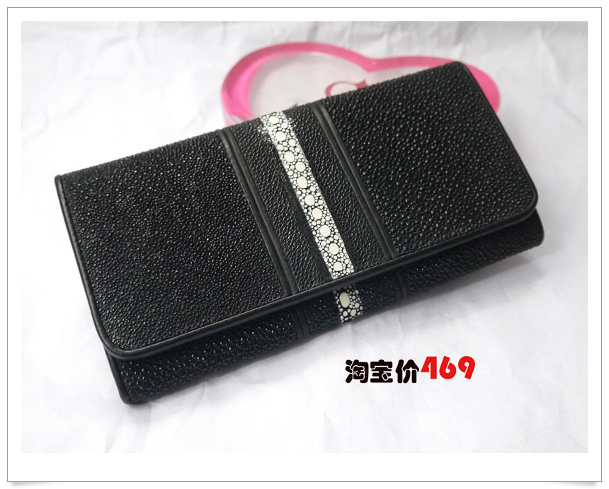 美时利公鱼皮魔鬼鱼珍珠鱼皮长款两折加厚多卡位女士钱包钱夹皮夹