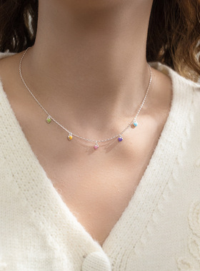 S925纯银小清新彩色爱心项链甜美少女心精致颈饰品甜美俏皮多巴胺