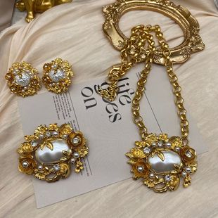复古vintage立体浮雕珍珠花朵项链耳环胸针优雅气质时尚套装
