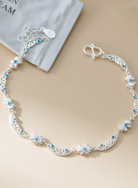 足银990清新甜美ins风小众设计感蓝钻蝴蝶结爱丽丝手链少女感