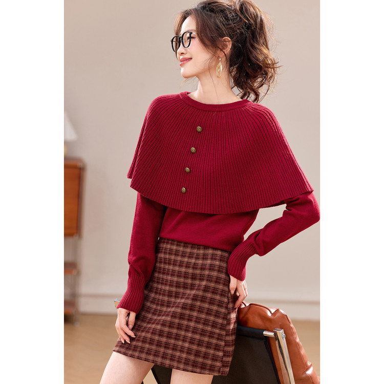 韩系甜美燕麦色斜肩长袖针织衫女秋冬内搭慵懒高级感修身打底毛衣