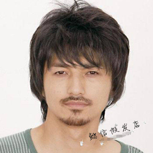 懿信男爸爸高温丝大叔成熟稳重短卷斜刘海黑色逼真中老年假发短发