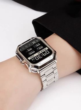 表带适用苹果S11手表iWatch9表壳金属8765不锈钢带一体保护壳男女