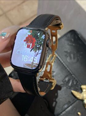 适用苹果S11手表iwatchS109SE双D蝴蝶扣可调节气质款真皮表带复古