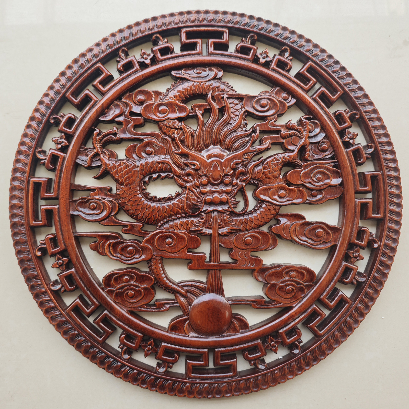 中式传统木雕龙纹圆形镂空雕花装饰实木工艺品摆件香樟木雕刻挂件