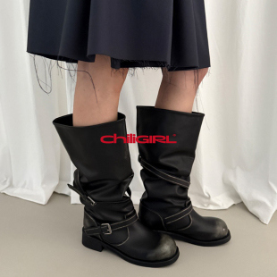 CHILIGIRL 韩国 高筒靴 皮带扣擦色做旧大头靴粗跟机车宽筒骑士靴