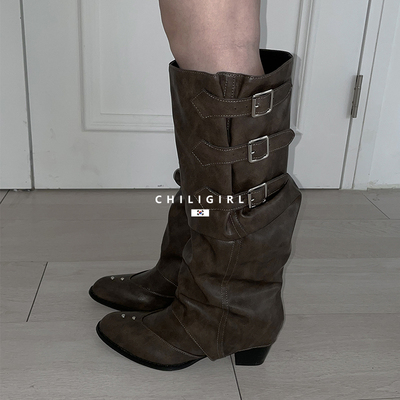 废土风靴子做旧复古皮带扣褶皱