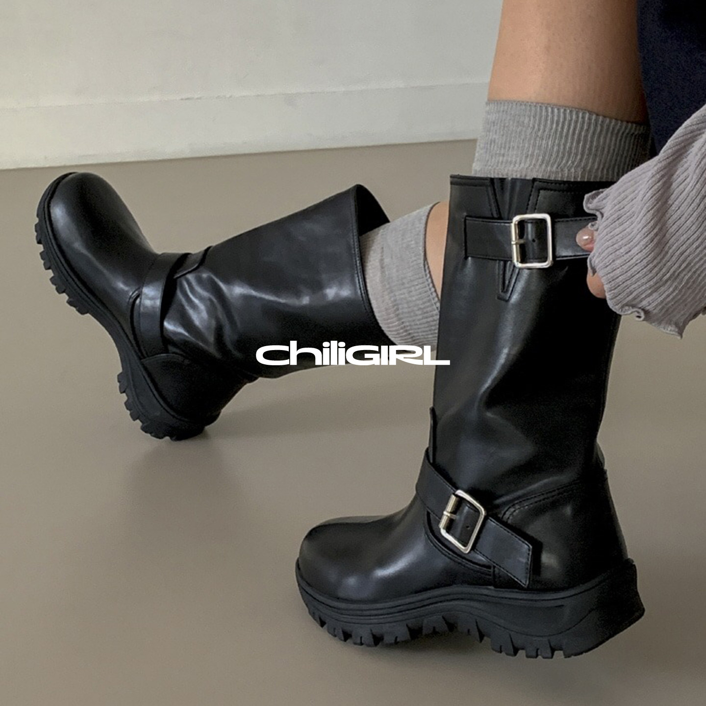 CHILIGIRL韩国厚底皮带扣马丁靴