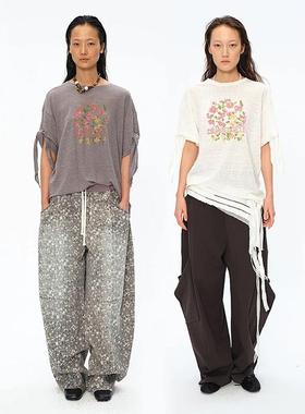 官方授权SquareCircle方圆亚麻原创印花袖口绑带宽松休闲短袖T恤