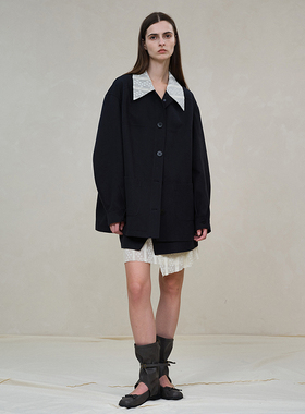 官方授权 .e1设计师品牌 25ss蕾丝翻领廓形夹克女巴恩风宽松外套