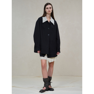 官方授权 25ss蕾丝翻领廓形夹克女巴恩风宽松外套 .e1设计师品牌