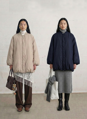 ELEI 25冬 暗纹圆领A版90白鸭绒羽绒服显瘦花苞褶皱中长款外套