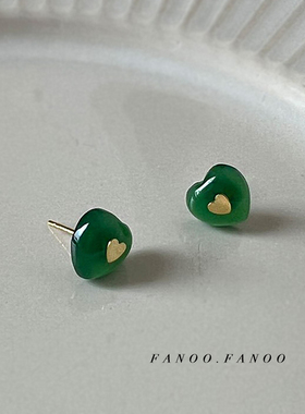 韩国ins通体纯银绿色爱心玛瑙耳钉女小众设计桃心耳环高级感耳饰