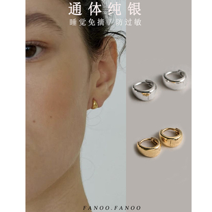 S925纯银小豆豆耳环养耳洞水滴耳圈睡觉免摘素圈耳扣复古简约耳钉