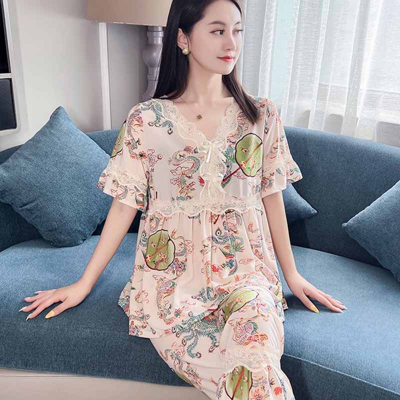 夏季爆款洋气蕾丝睡衣V领韩版减龄甜美时尚休闲家居服套装可外穿