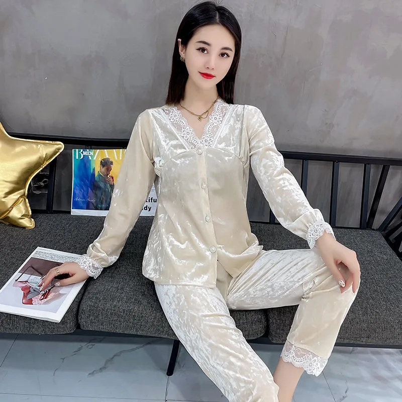 秋季新款金丝绒睡衣女家居服套装