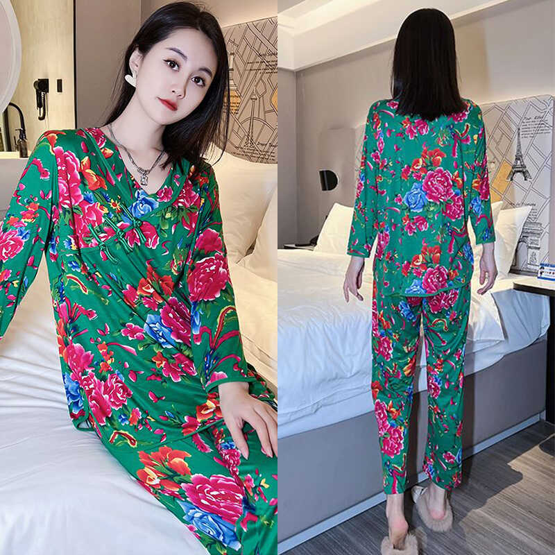 秋冬新款网红东北大花睡衣女套装大码盘扣长袖休闲宽松印花家居服