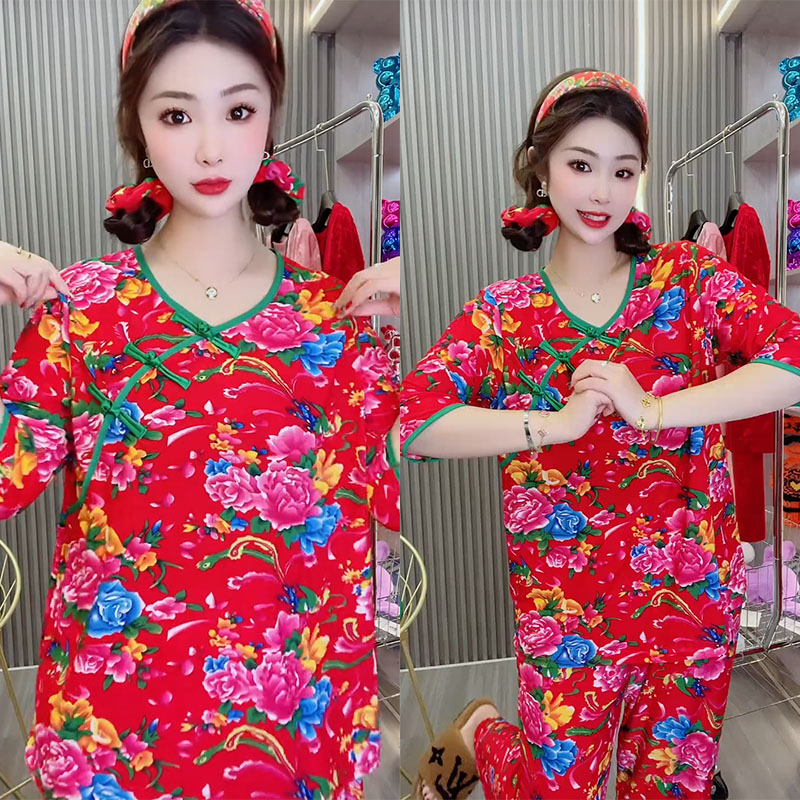 夏季薄款睡衣女时尚印花休闲宽松中国风网红东北大花家居服套装