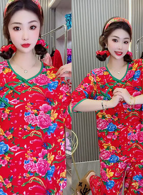 夏季薄款睡衣女时尚印花休闲宽松中国风网红东北大花家居服套装