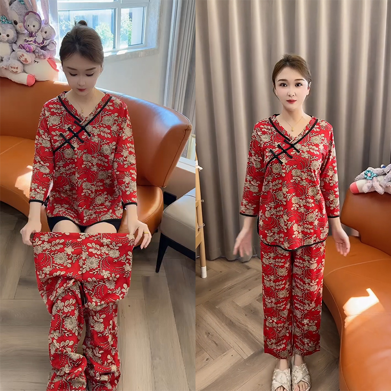 冬季款网红盘扣时尚宽松睡衣睡裤套装复古国风大码德绒保暖家居服